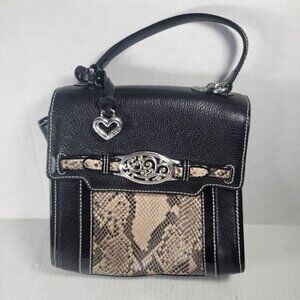 Brighton Black Leather Snake Print Crossbody Handbag With Heart Charm